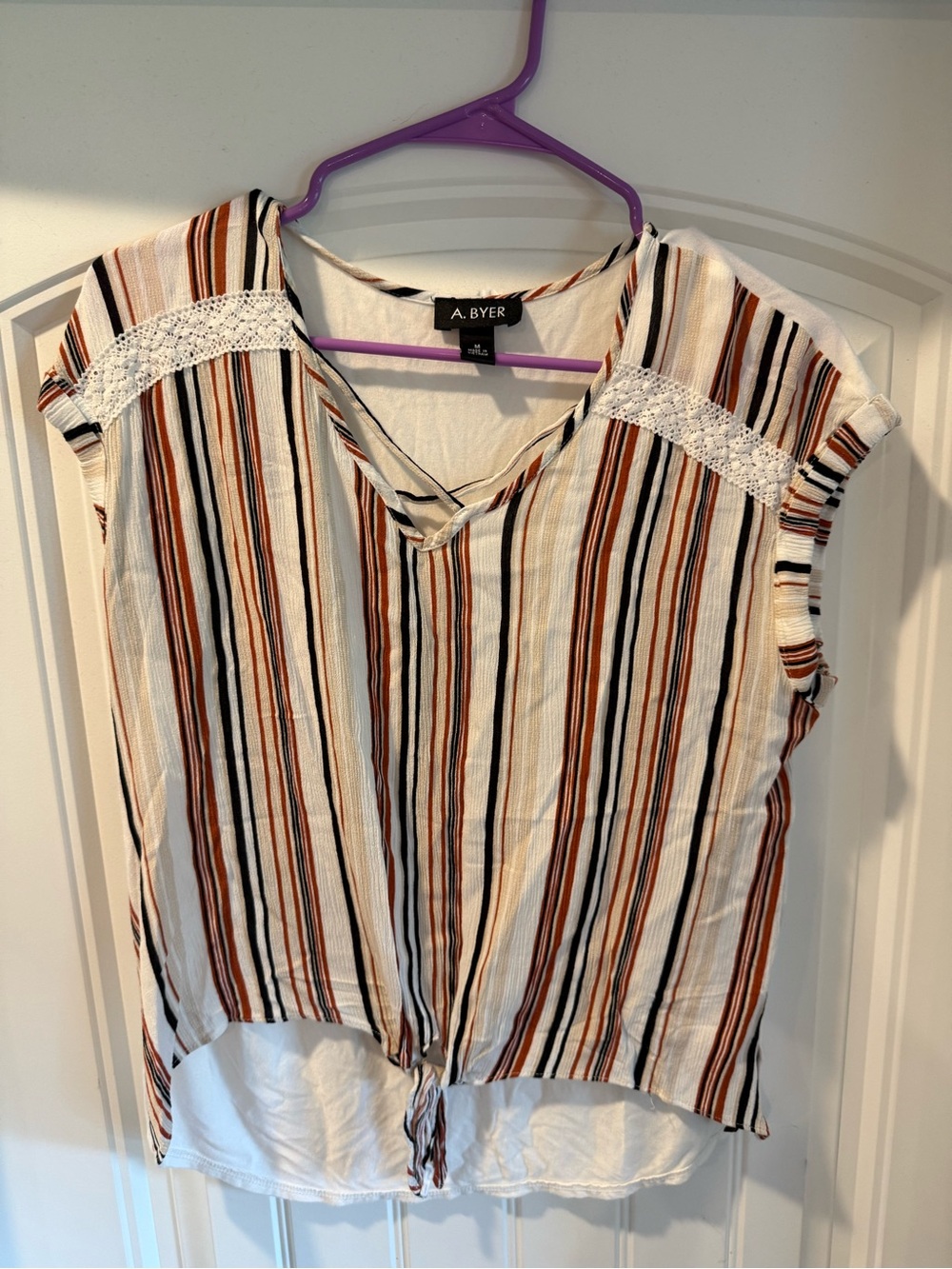 A. Byer Cream Striped V-Neck Tie-Front Top with Rust & Black Stripes